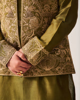 Kurta With Pants and Front Open Bundi / Chanderi / Dark Olive / Wild Crest / Resham/Hand Embroidery
