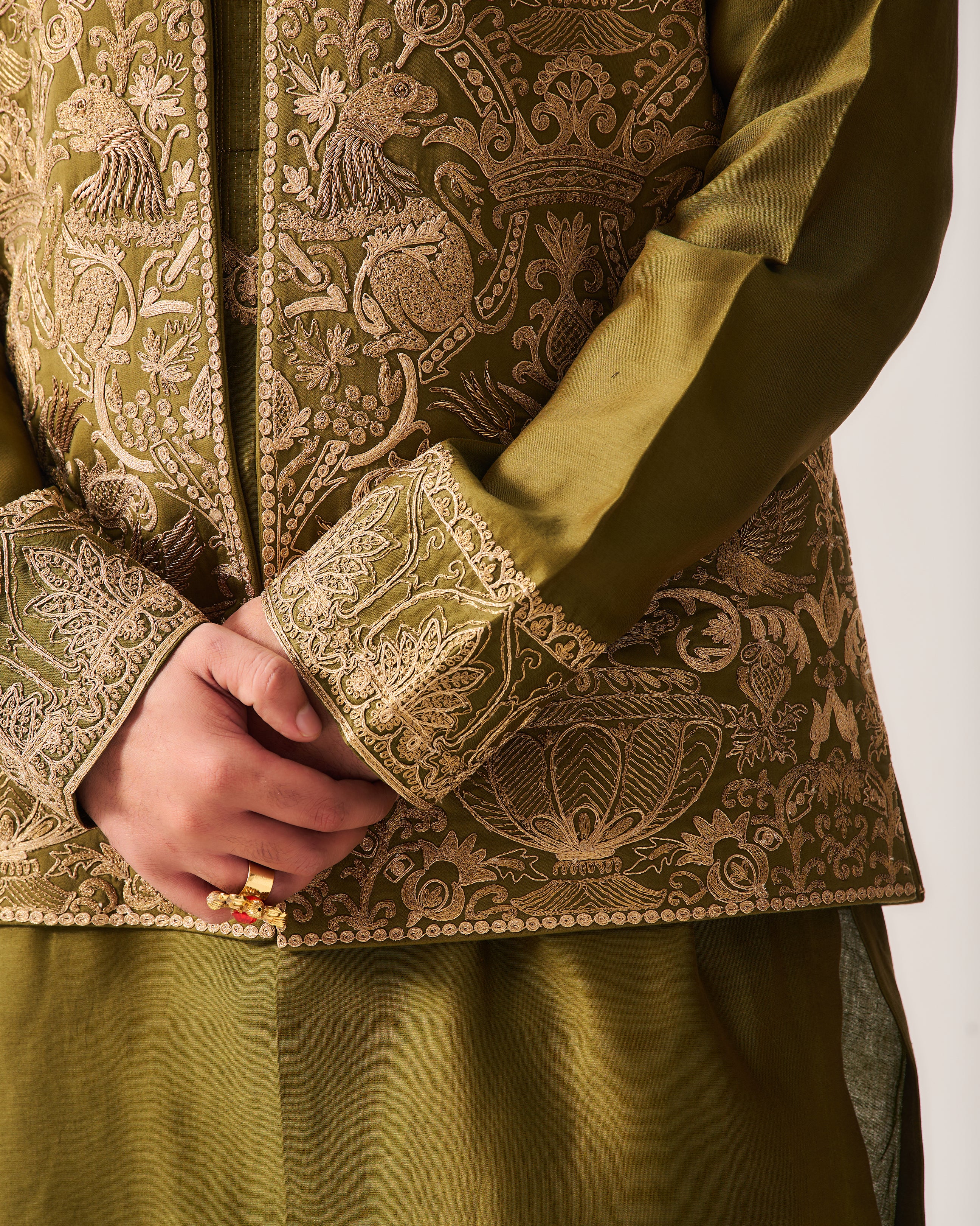 Kurta With Pants and Front Open Bundi / Chanderi / Dark Olive / Wild Crest / Resham/Hand Embroidery