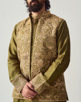 Kurta With Pants and Front Open Bundi / Chanderi / Dark Olive / Wild Crest / Resham/Hand Embroidery