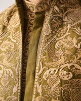 Kurta With Pants and Front Open Bundi / Chanderi / Dark Olive / Wild Crest / Resham/Hand Embroidery
