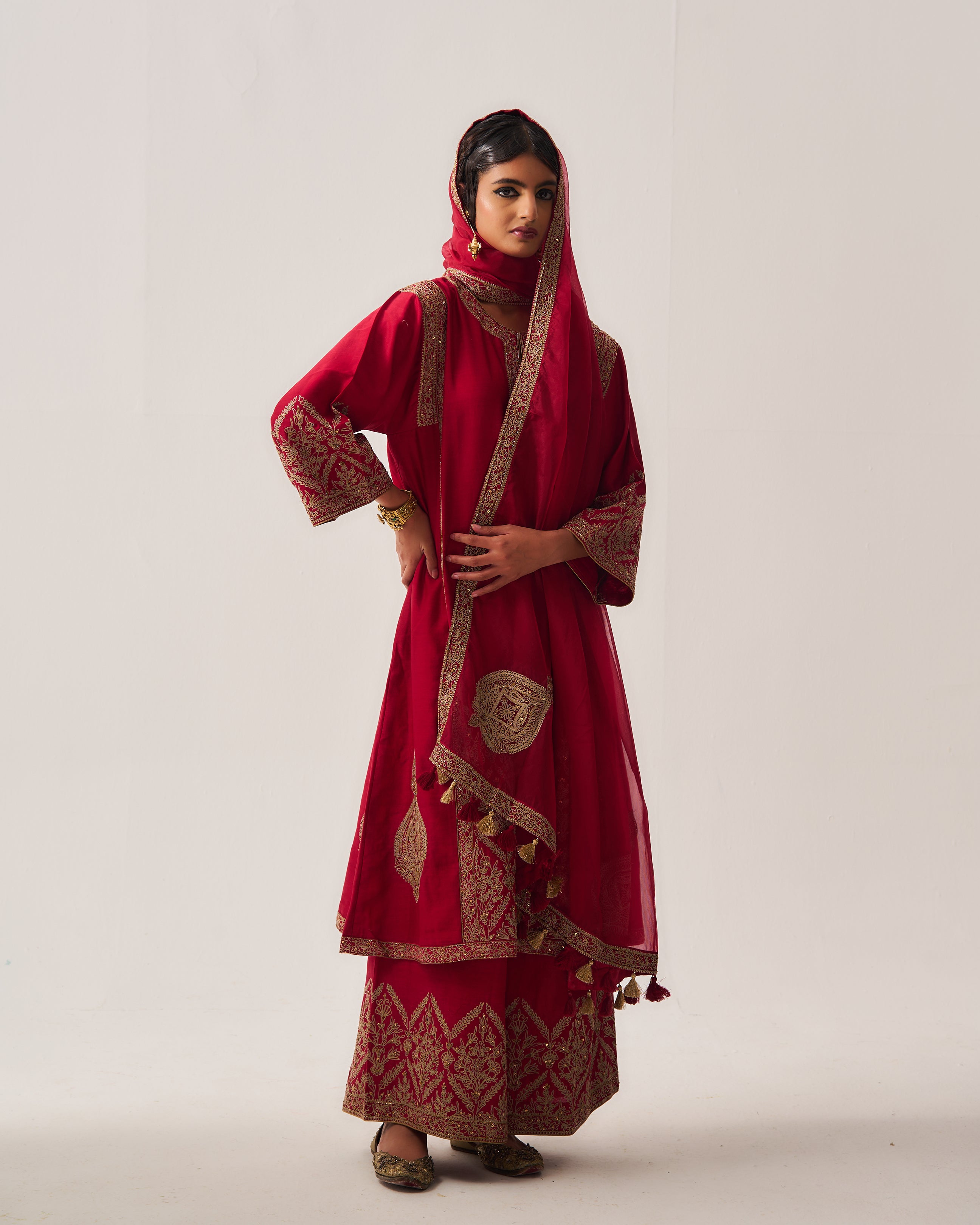 Phiran Kurta with Flare Pants and Dupatta / Chanderi / Deep Red / Floral Nest / Aari/Hand Embroidery