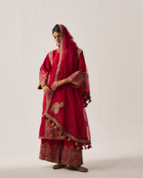 Phiran Kurta with Flare Pants and Dupatta / Chanderi / Deep Red / Floral Nest / Aari/Hand Embroidery