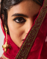 Phiran Kurta with Flare Pants and Dupatta / Chanderi / Deep Red / Floral Nest / Aari/Hand Embroidery