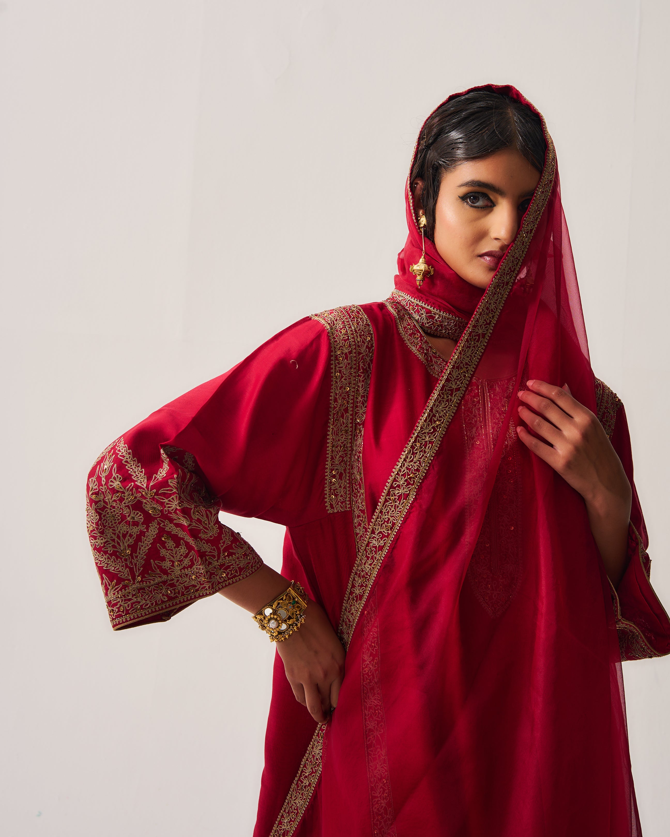 Phiran Kurta with Flare Pants and Dupatta / Chanderi / Deep Red / Floral Nest / Aari/Hand Embroidery