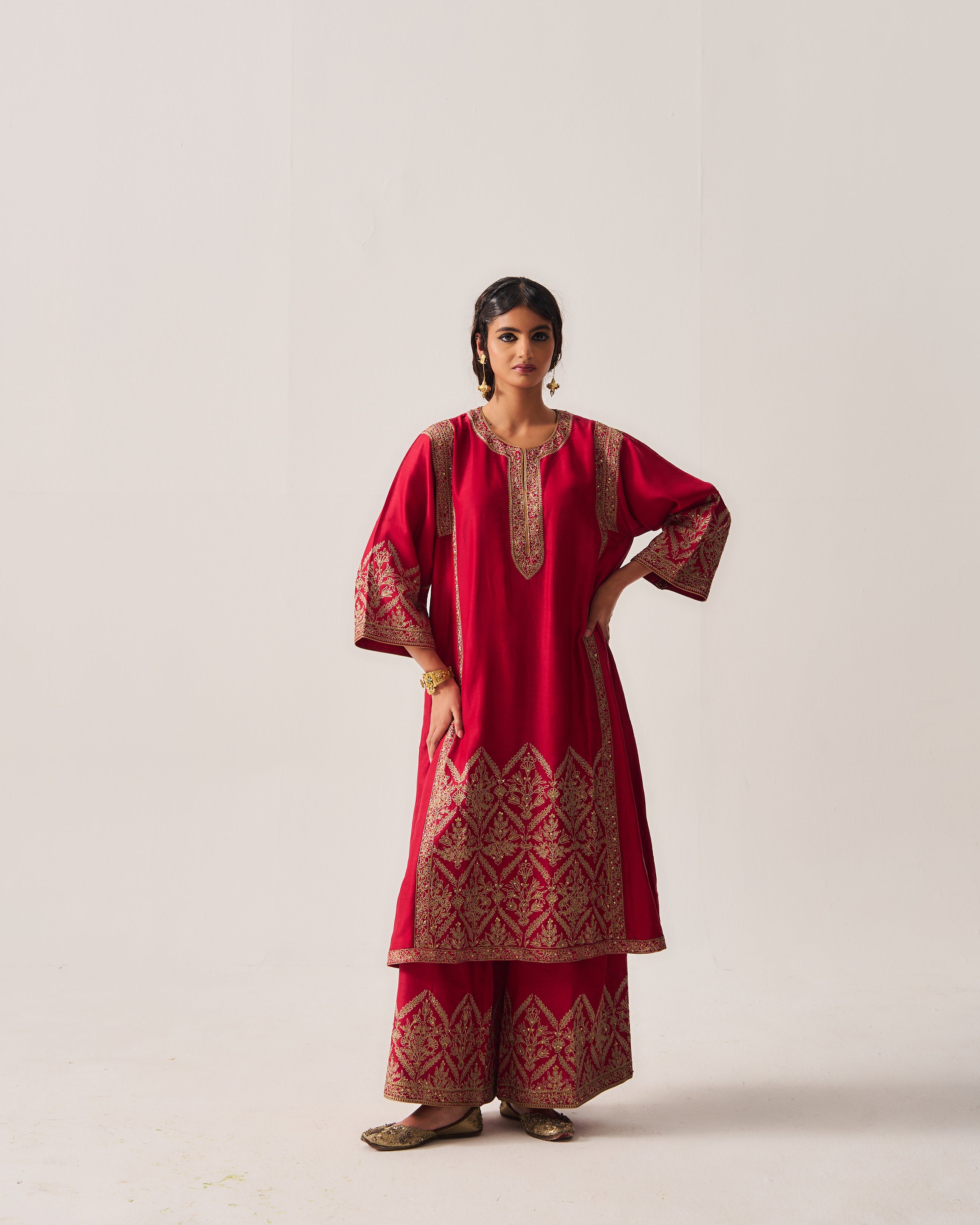 Phiran Kurta with Flare Pants and Dupatta / Chanderi / Deep Red / Floral Nest / Aari/Hand Embroidery