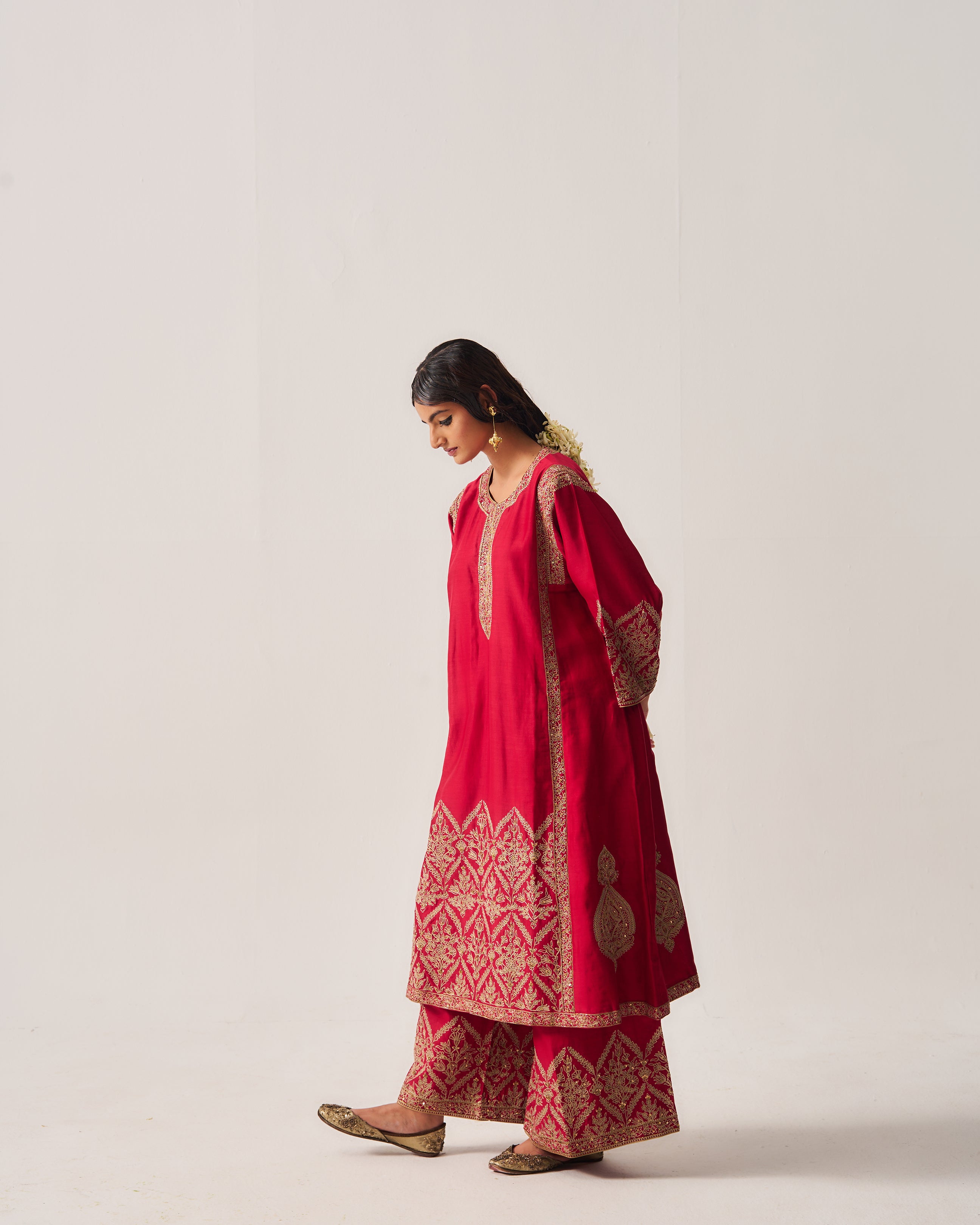 Phiran Kurta with Flare Pants and Dupatta / Chanderi / Deep Red / Floral Nest / Aari/Hand Embroidery