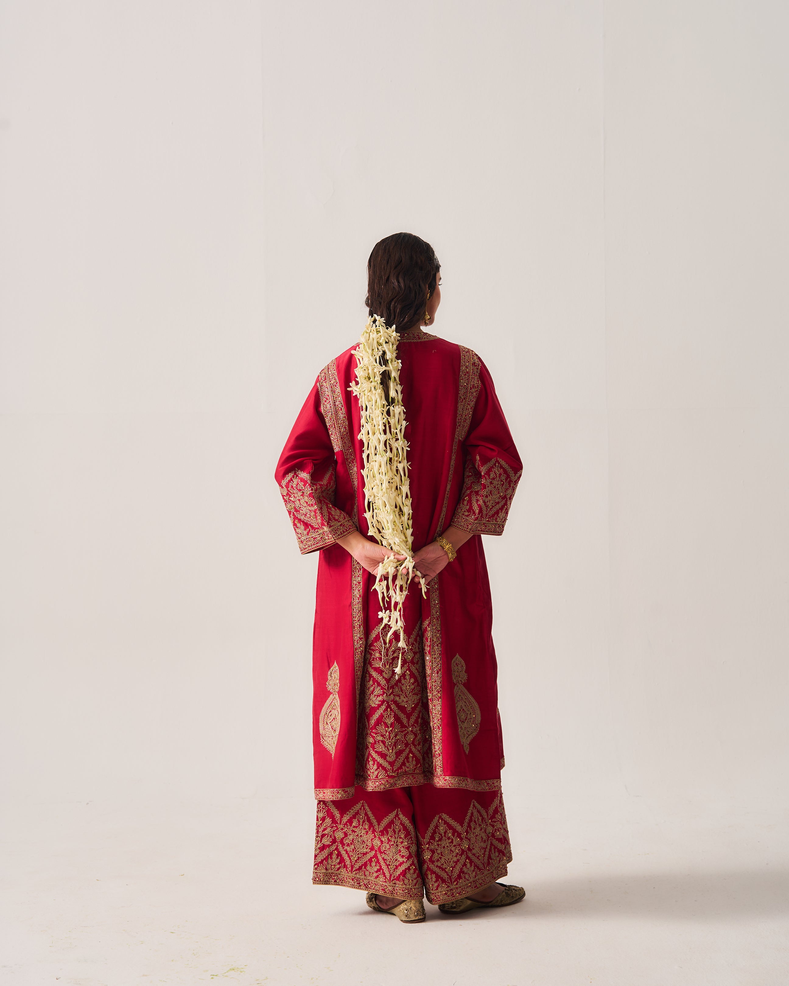 Phiran Kurta with Flare Pants and Dupatta / Chanderi / Deep Red / Floral Nest / Aari/Hand Embroidery