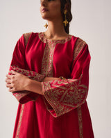 Phiran Kurta with Flare Pants and Dupatta / Chanderi / Deep Red / Floral Nest / Aari/Hand Embroidery