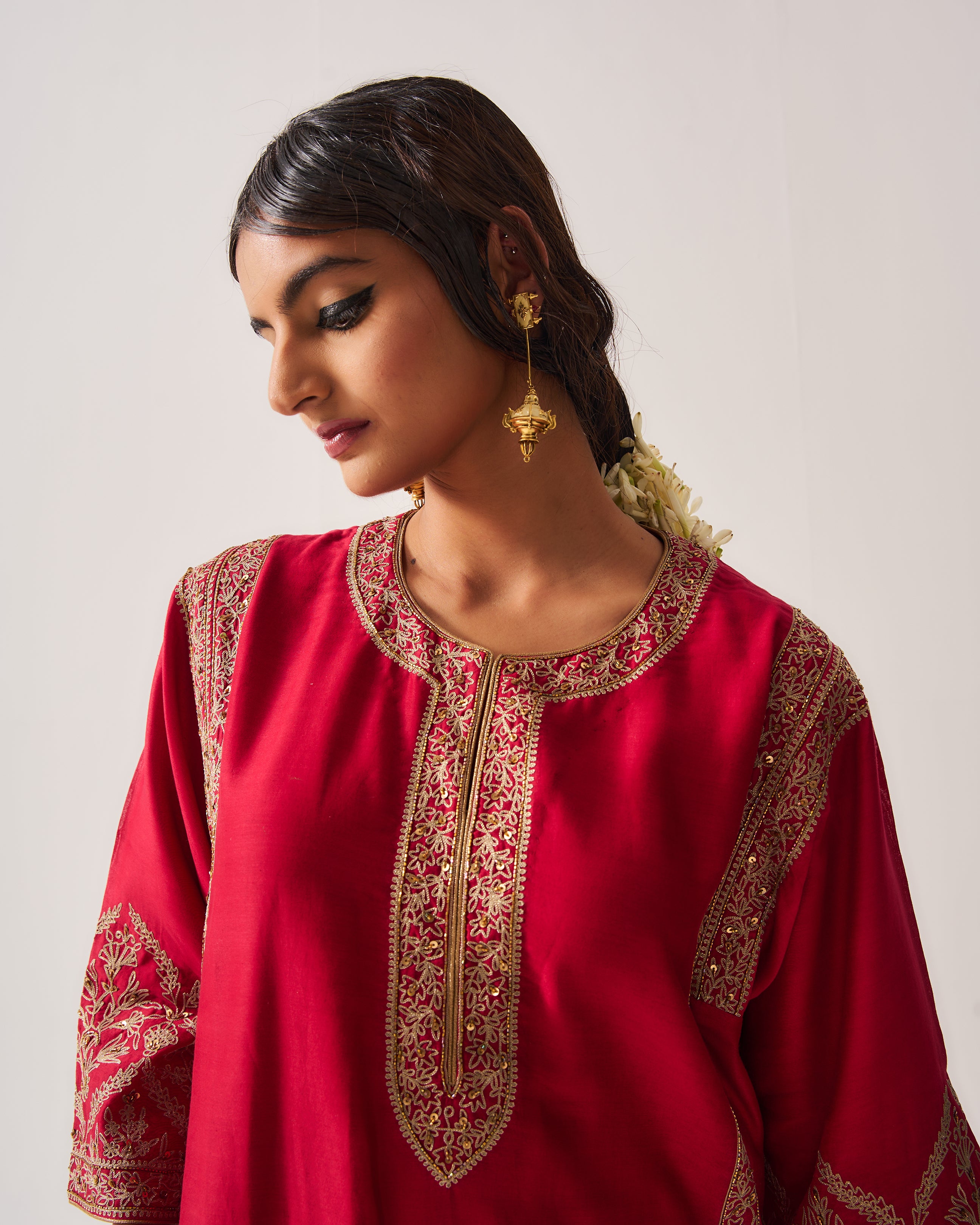 Phiran Kurta with Flare Pants and Dupatta / Chanderi / Deep Red / Floral Nest / Aari/Hand Embroidery