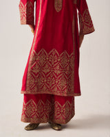 Phiran Kurta with Flare Pants and Dupatta / Chanderi / Deep Red / Floral Nest / Aari/Hand Embroidery