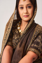 Saree with Stitched Blouse / Tissue Woven / Black / Ferdous / Dori/Hand Embroidery