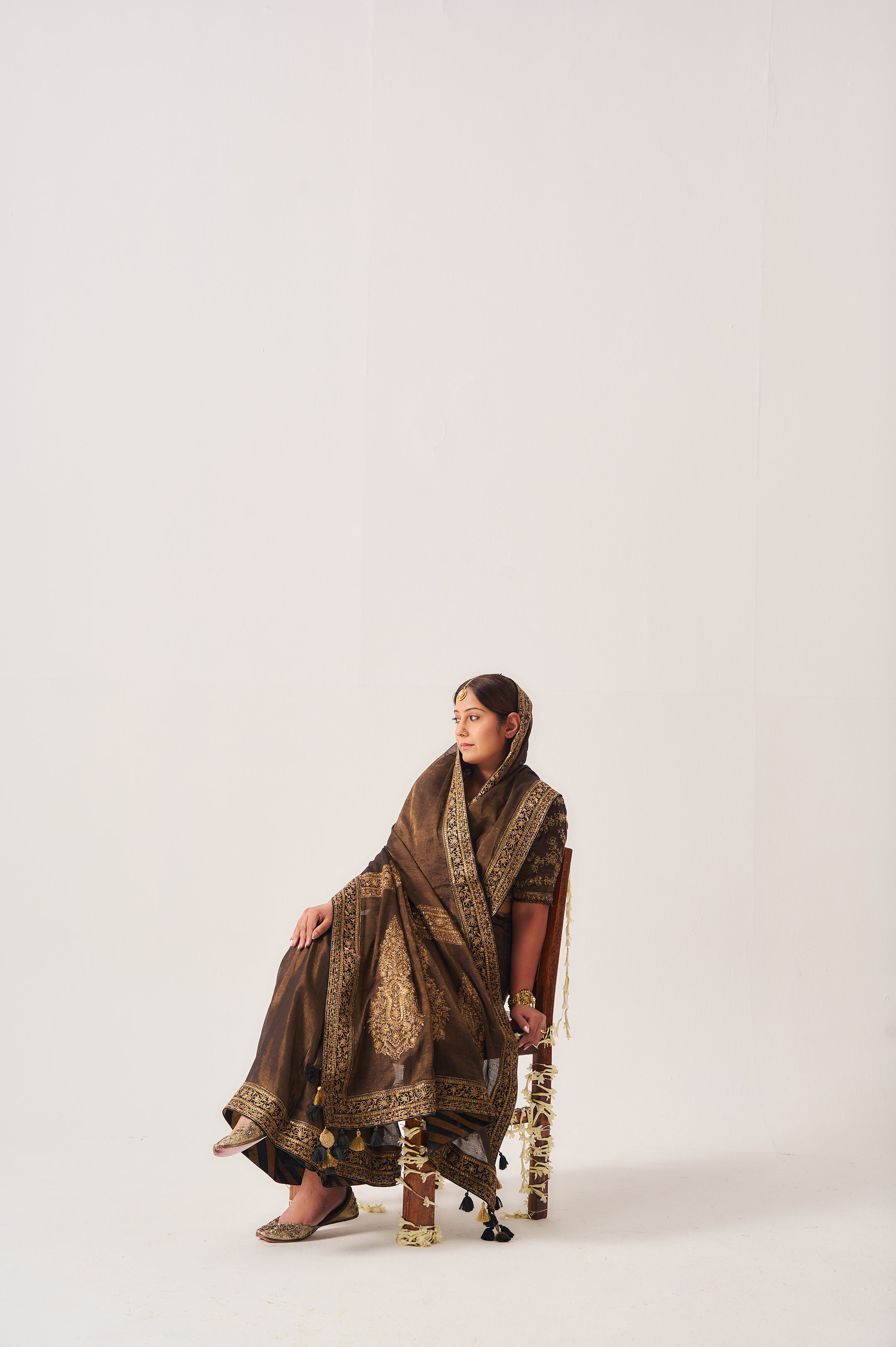 Saree with Stitched Blouse / Tissue Woven / Black / Ferdous / Dori/Hand Embroidery