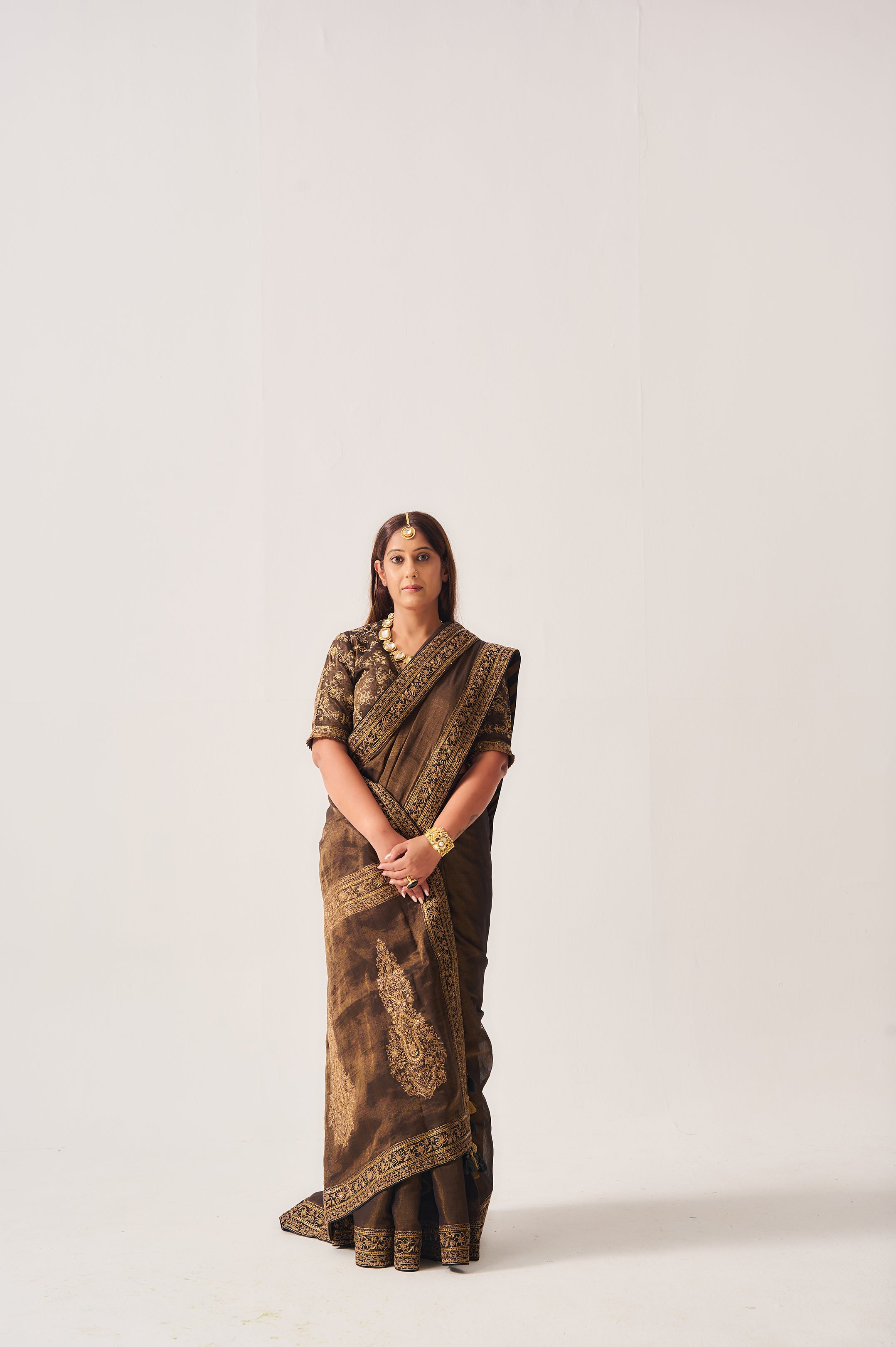 Saree with Stitched Blouse / Tissue Woven / Black / Ferdous / Dori/Hand Embroidery