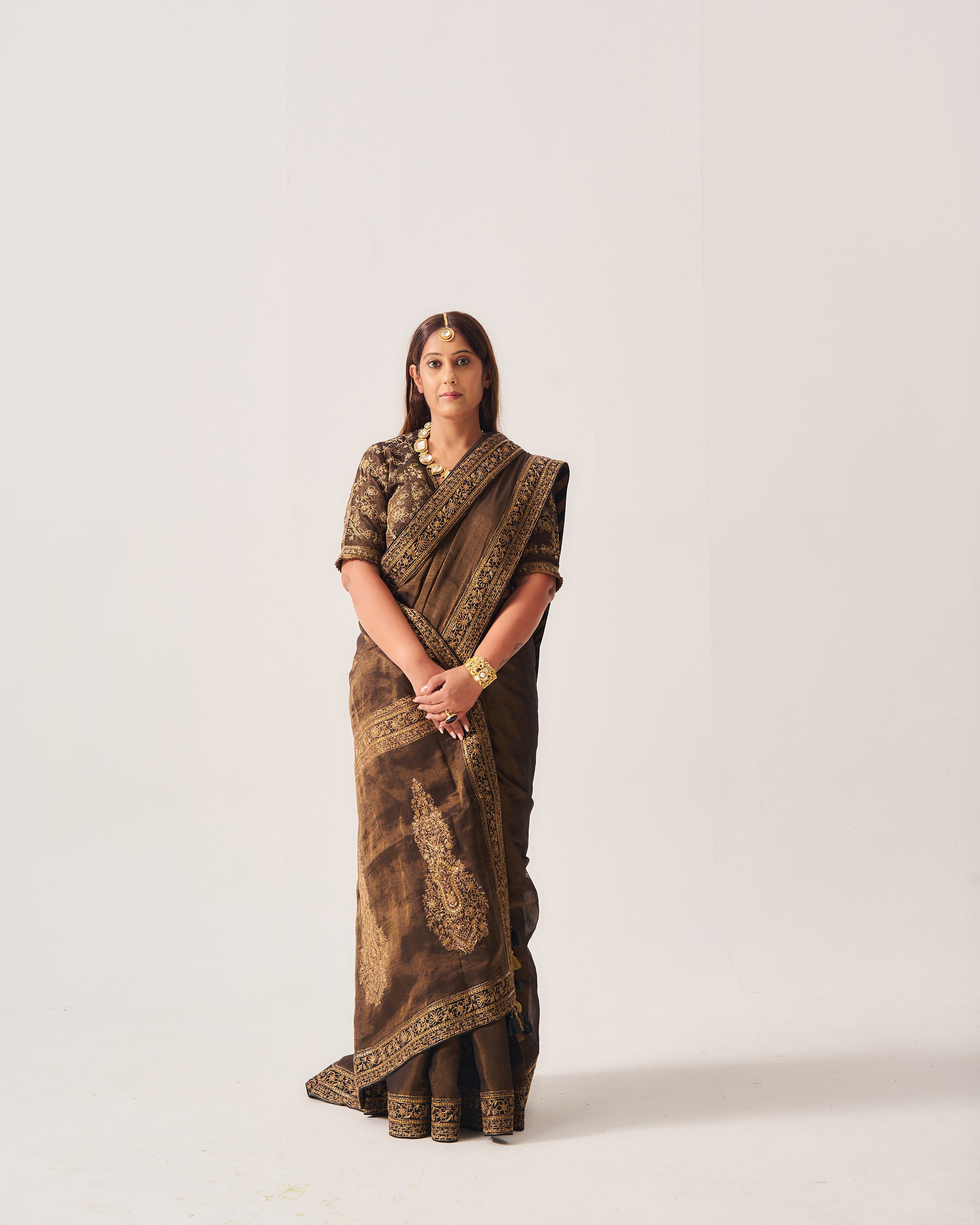 Saree with Stitched Blouse / Tissue Woven / Black / Ferdous / Dori/Hand Embroidery