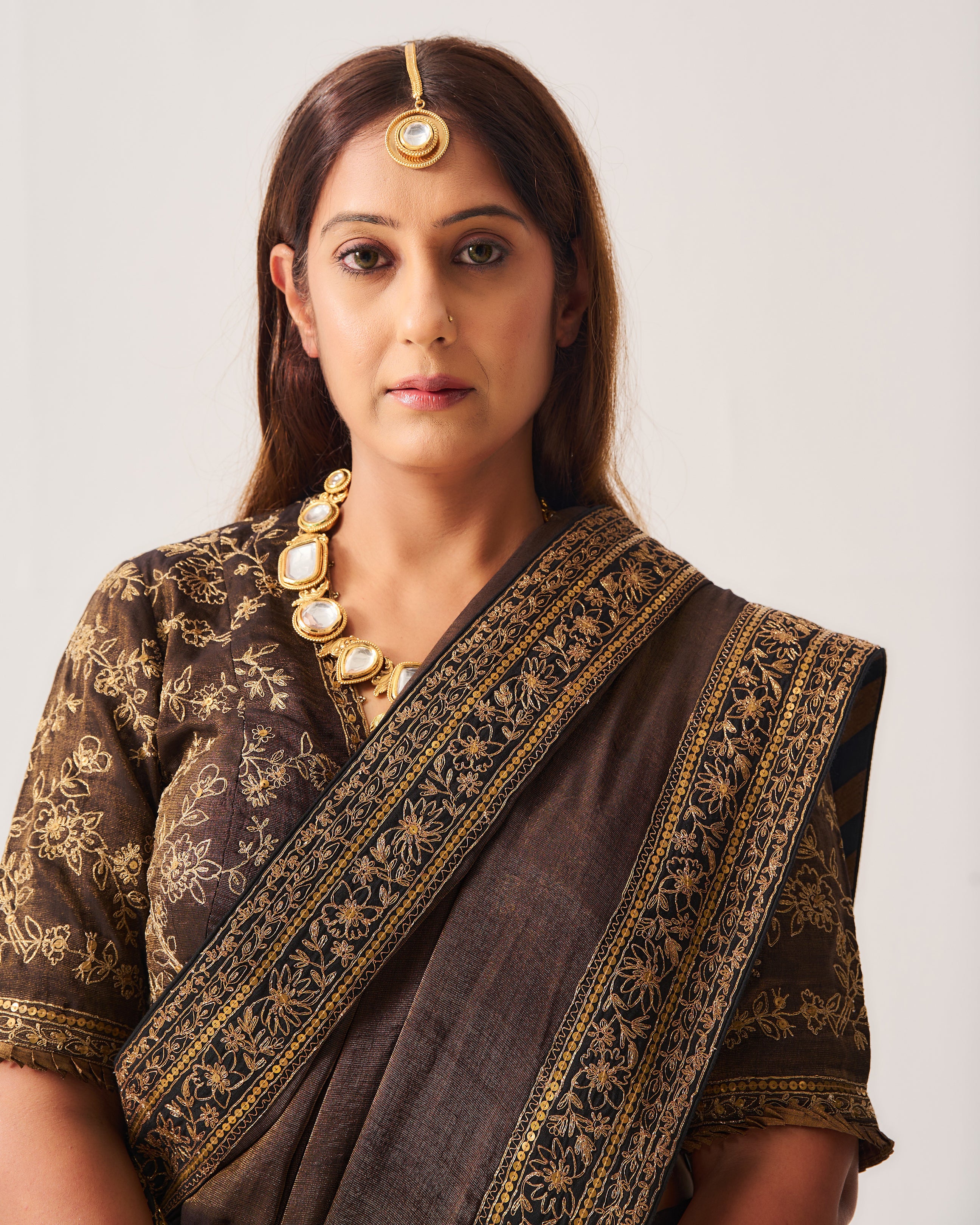 Saree with Stitched Blouse / Tissue Woven / Black / Ferdous / Dori/Hand Embroidery