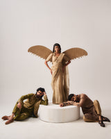 Saree with Stitched Blouse and Belt / Organza Silk / Dark Beige / Paisley Dome / Aari/Hand Embroidery