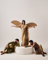 Kurta With Pants and Front Open Bundi / Chanderi / Dark Olive / Wild Crest / Resham/Hand Embroidery