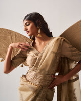 Saree with Stitched Blouse and Belt / Organza Silk / Dark Beige / Paisley Dome / Aari/Hand Embroidery