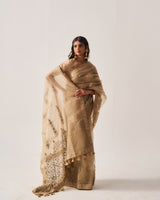 Saree with Stitched Blouse and Belt / Organza Silk / Dark Beige / Paisley Dome / Aari/Hand Embroidery