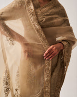 Saree with Stitched Blouse and Belt / Organza Silk / Dark Beige / Paisley Dome / Aari/Hand Embroidery