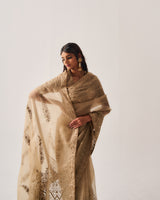 Saree with Stitched Blouse and Belt / Organza Silk / Dark Beige / Paisley Dome / Aari/Hand Embroidery