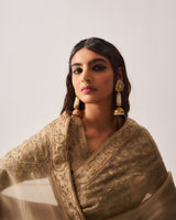Saree with Stitched Blouse and Belt / Organza Silk / Dark Beige / Paisley Dome / Aari/Hand Embroidery