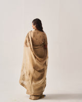 Saree with Stitched Blouse and Belt / Organza Silk / Dark Beige / Paisley Dome / Aari/Hand Embroidery