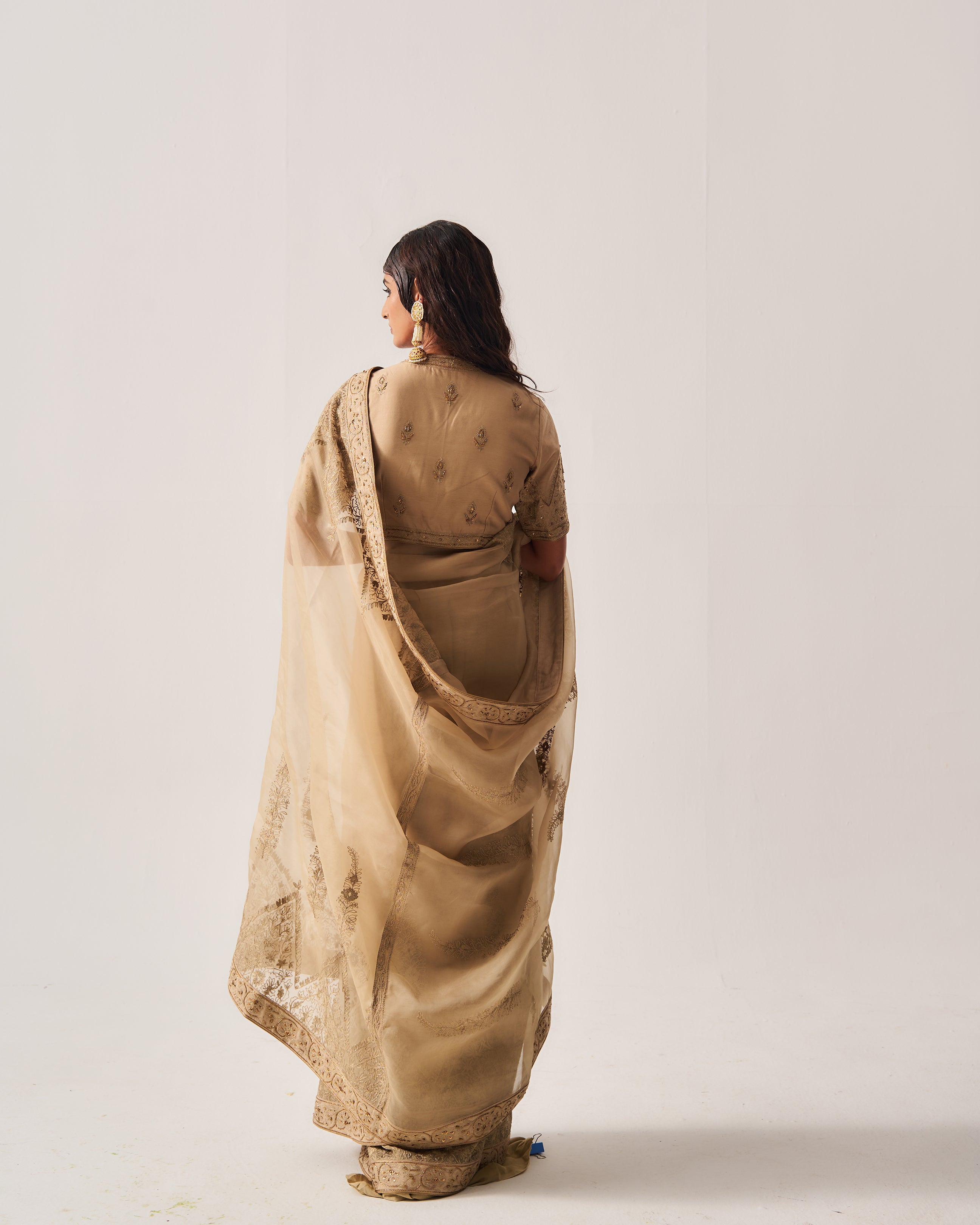 Saree with Stitched Blouse and Belt / Organza Silk / Dark Beige / Paisley Dome / Aari/Hand Embroidery