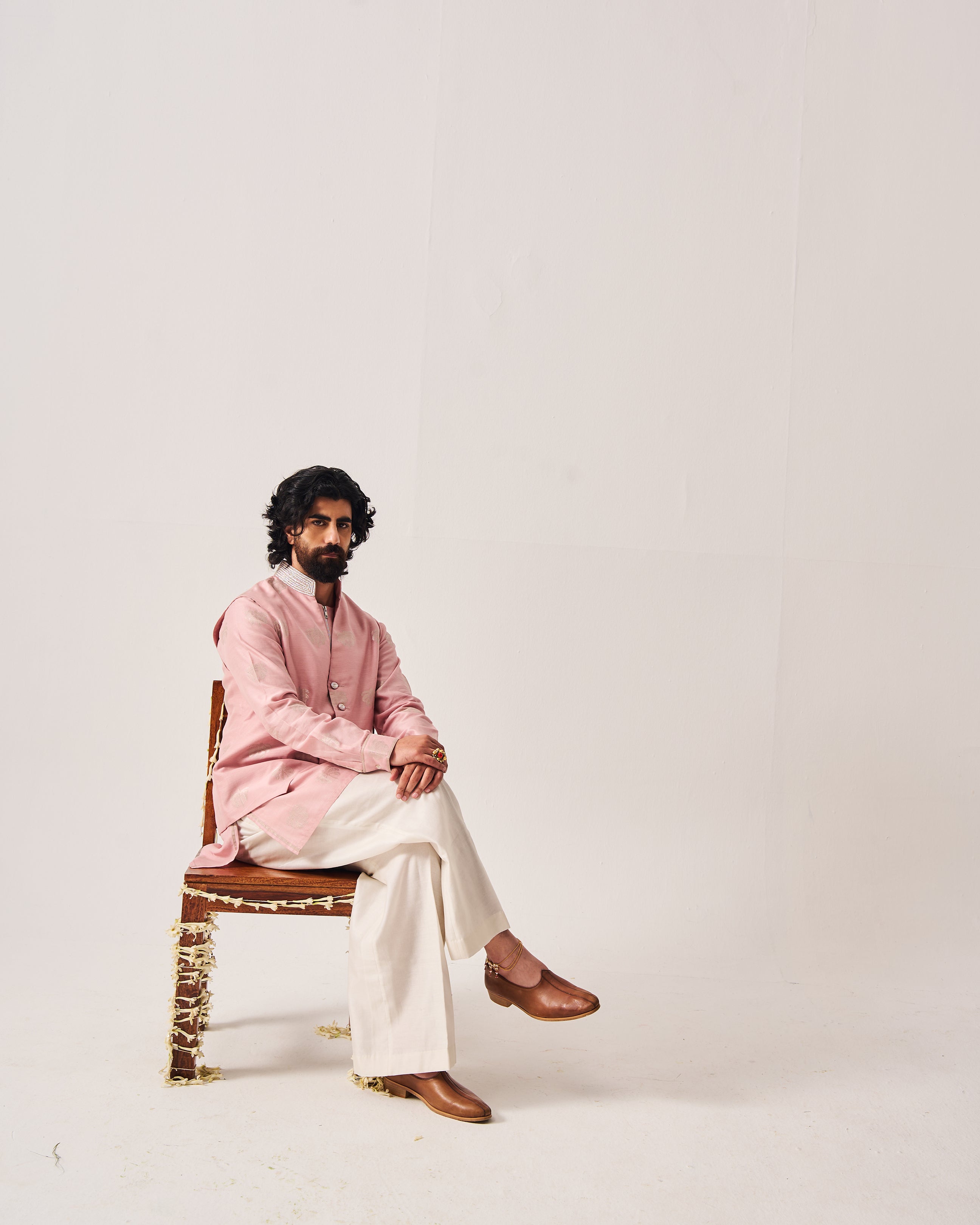 Kurta With Flare Pants and Bundi / Chanderi Woven / Pale Pink / Palm Reverie / Hand Embroidery