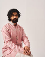 Kurta With Flare Pants and Bundi / Chanderi Woven / Pale Pink / Palm Reverie / Hand Embroidery