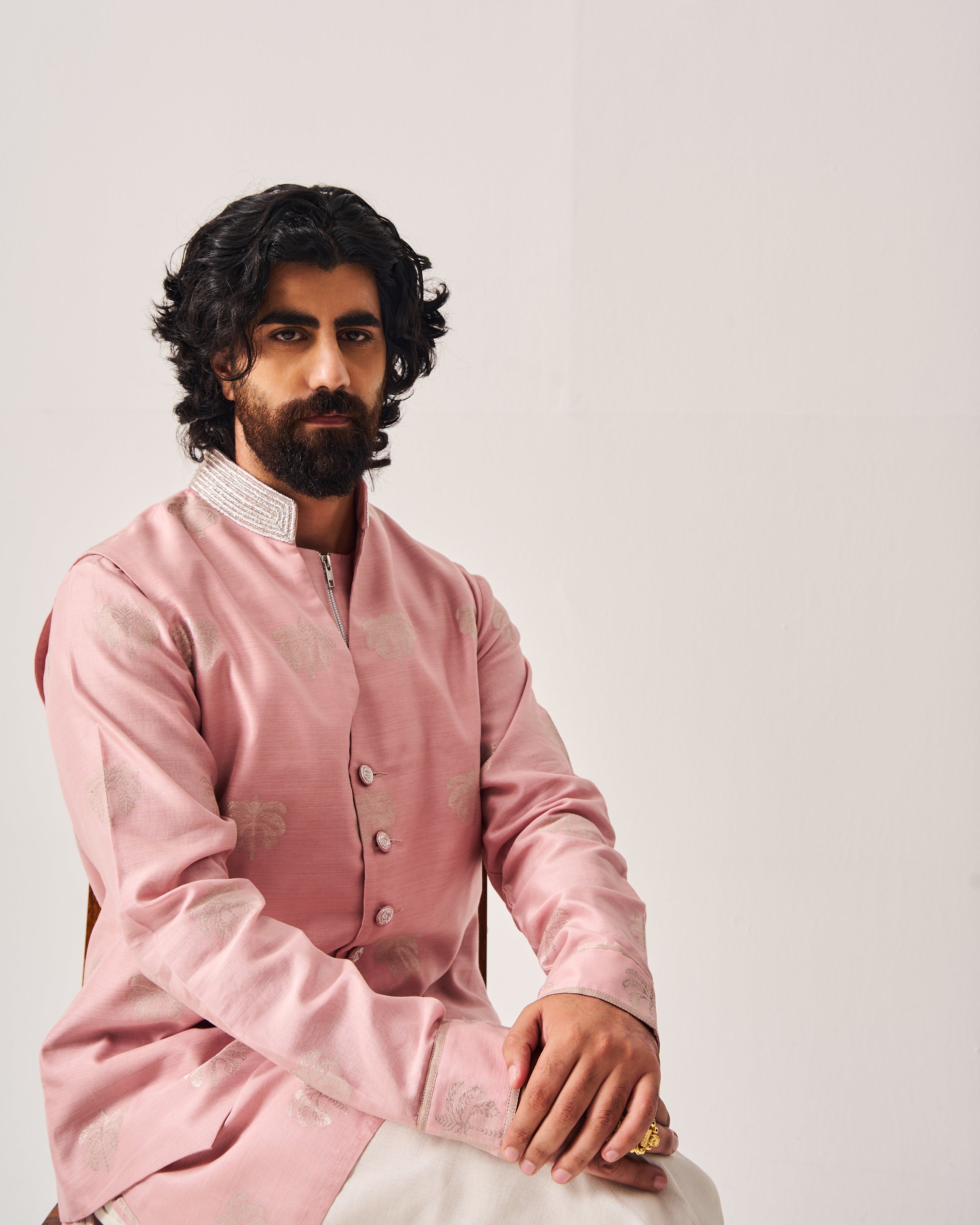 Kurta With Flare Pants and Bundi / Chanderi Woven / Pale Pink / Palm Reverie / Hand Embroidery