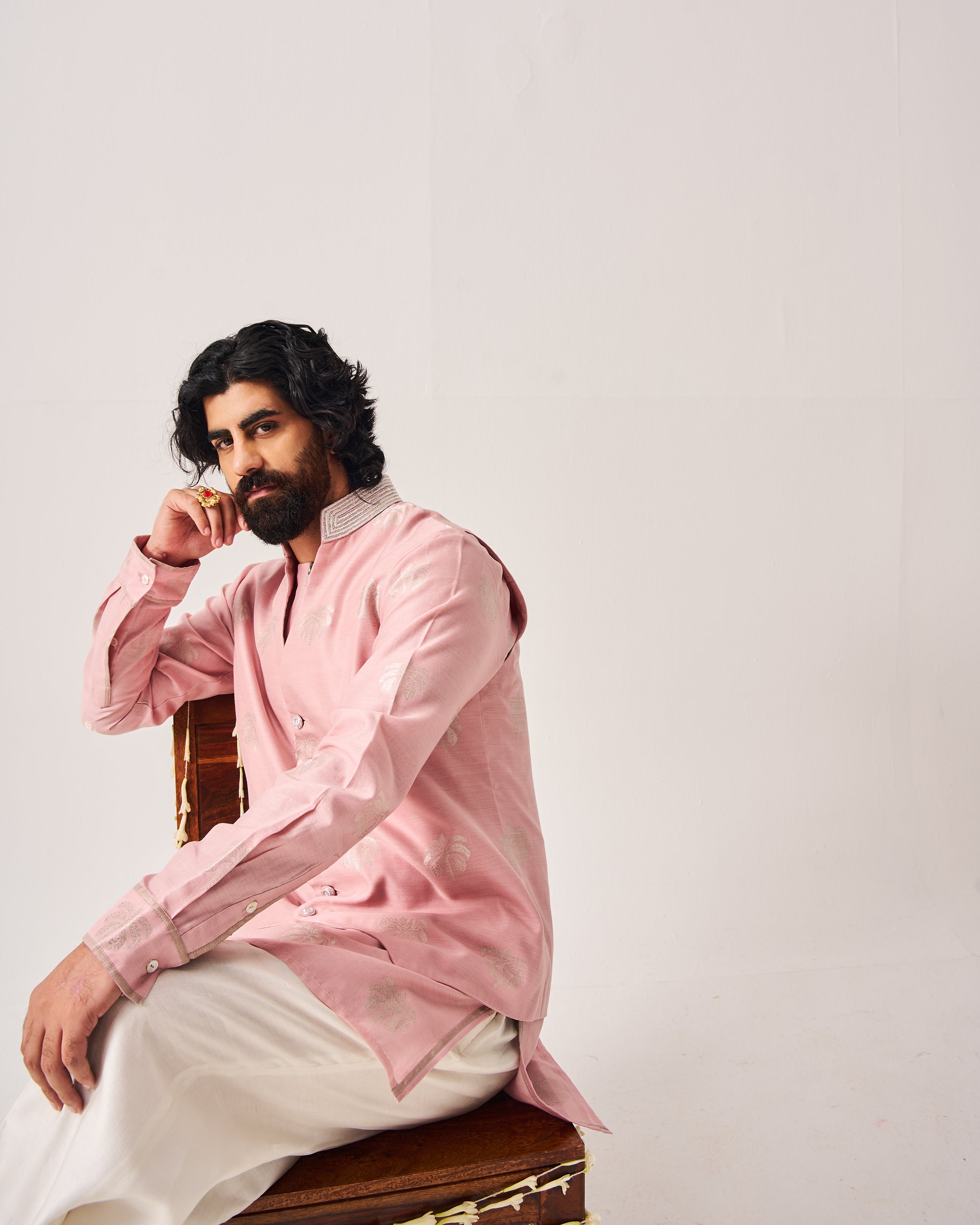 Kurta With Flare Pants and Bundi / Chanderi Woven / Pale Pink / Palm Reverie / Hand Embroidery