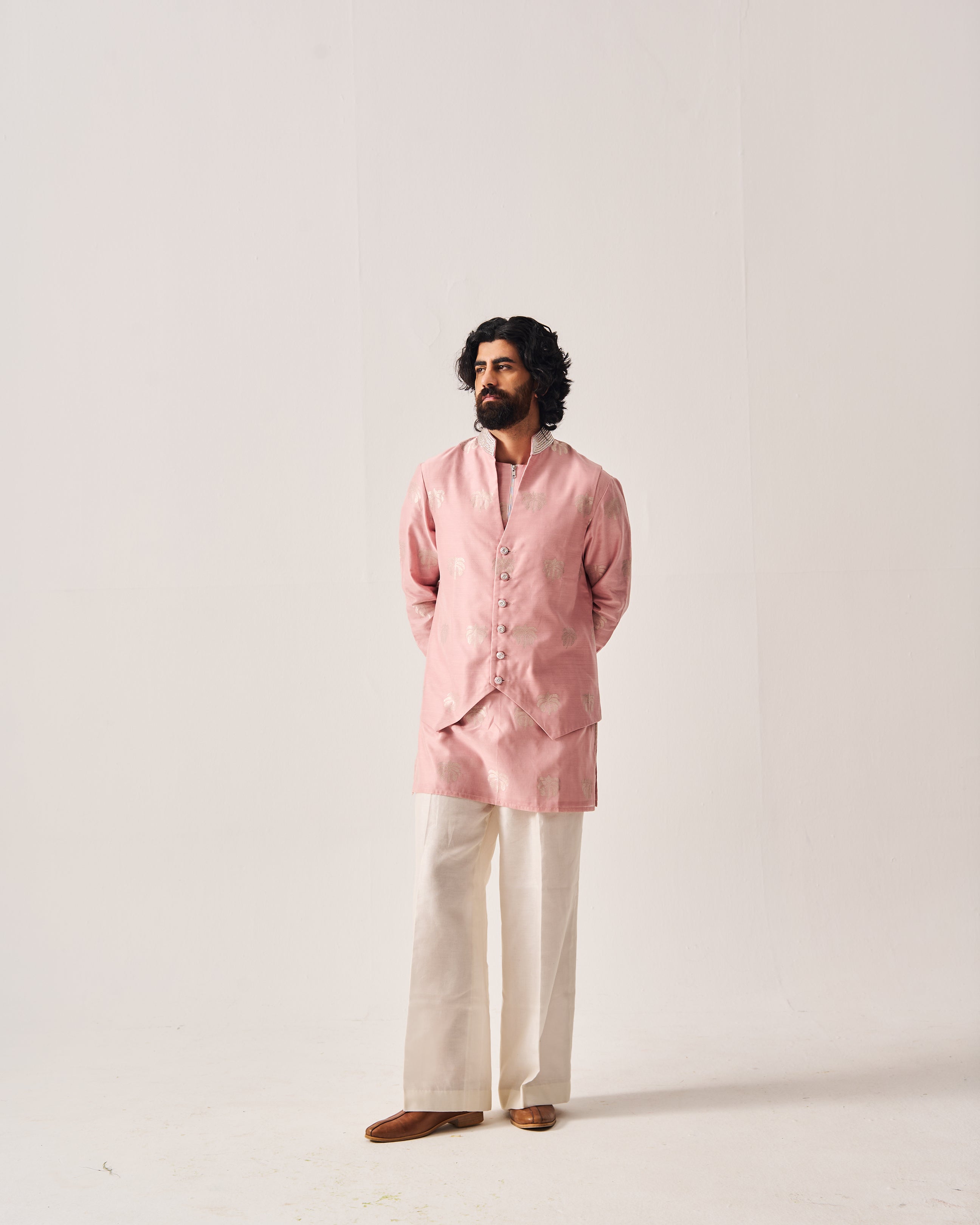 Kurta With Flare Pants and Bundi / Chanderi Woven / Pale Pink / Palm Reverie / Hand Embroidery