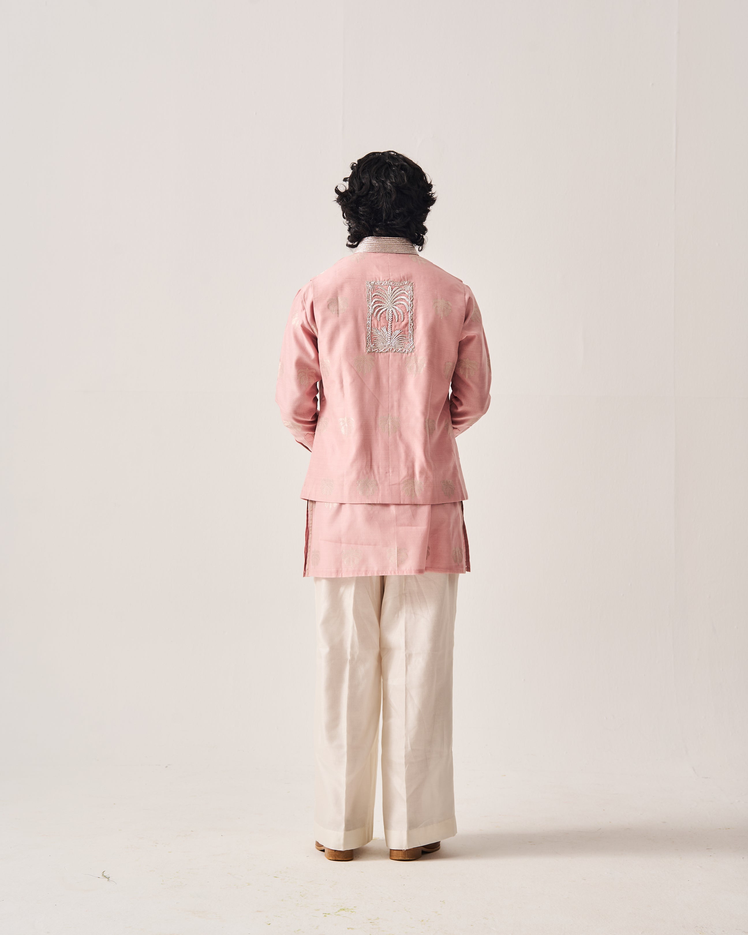 Kurta With Flare Pants and Bundi / Chanderi Woven / Pale Pink / Palm Reverie / Hand Embroidery