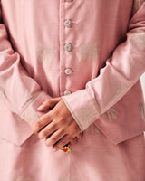 Kurta With Flare Pants and Bundi / Chanderi Woven / Pale Pink / Palm Reverie / Hand Embroidery