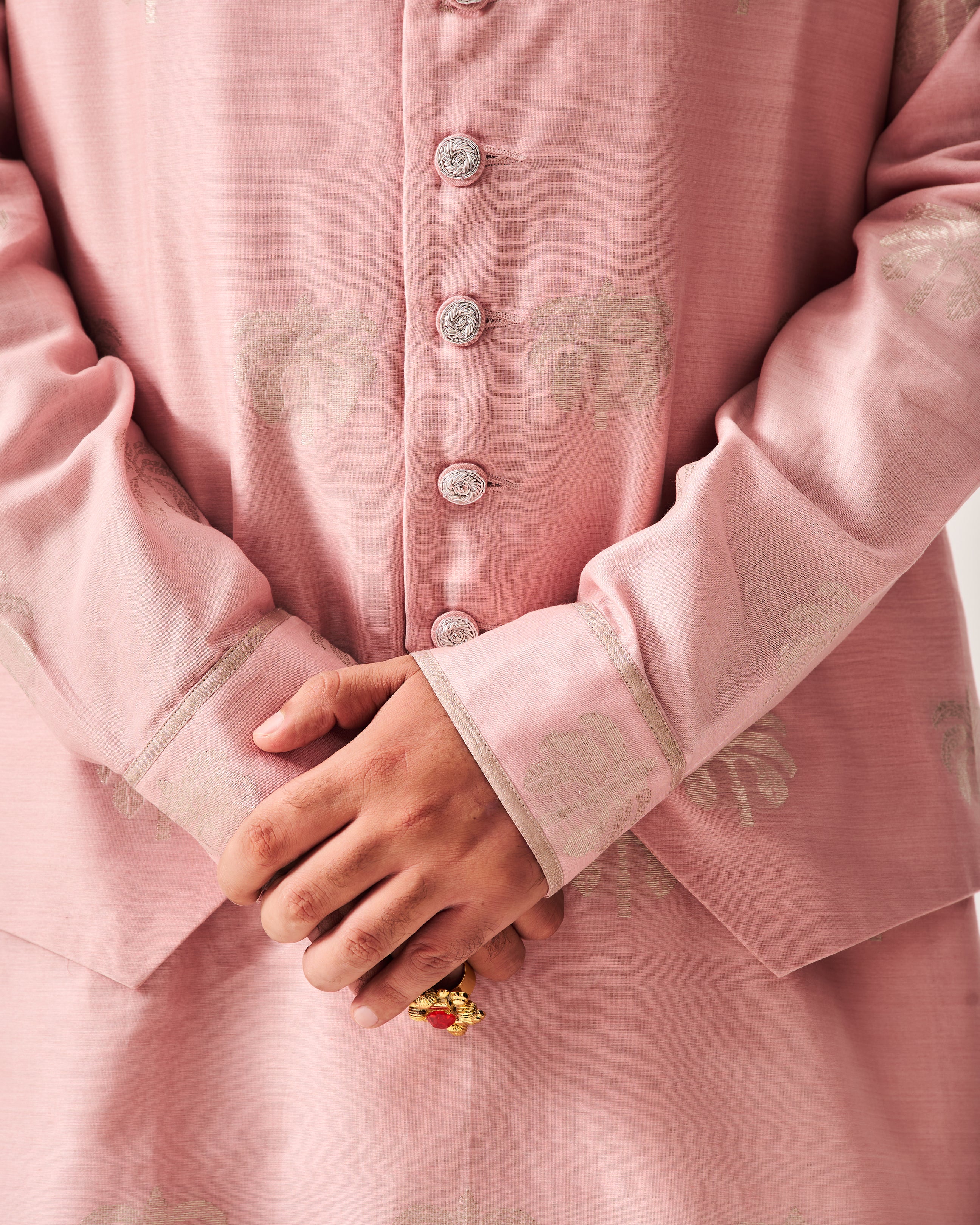 Kurta With Flare Pants and Bundi / Chanderi Woven / Pale Pink / Palm Reverie / Hand Embroidery