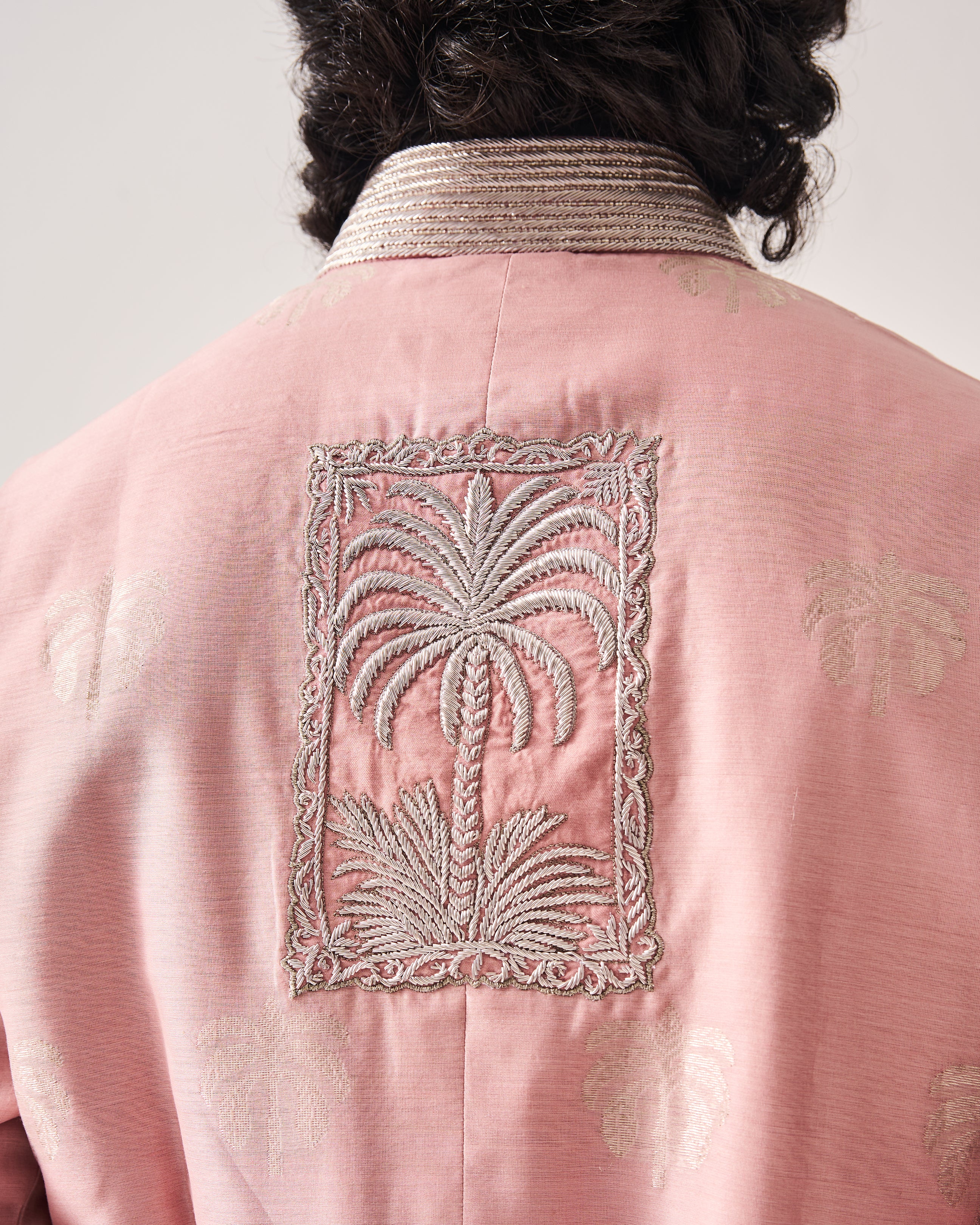 Kurta With Flare Pants and Bundi / Chanderi Woven / Pale Pink / Palm Reverie / Hand Embroidery