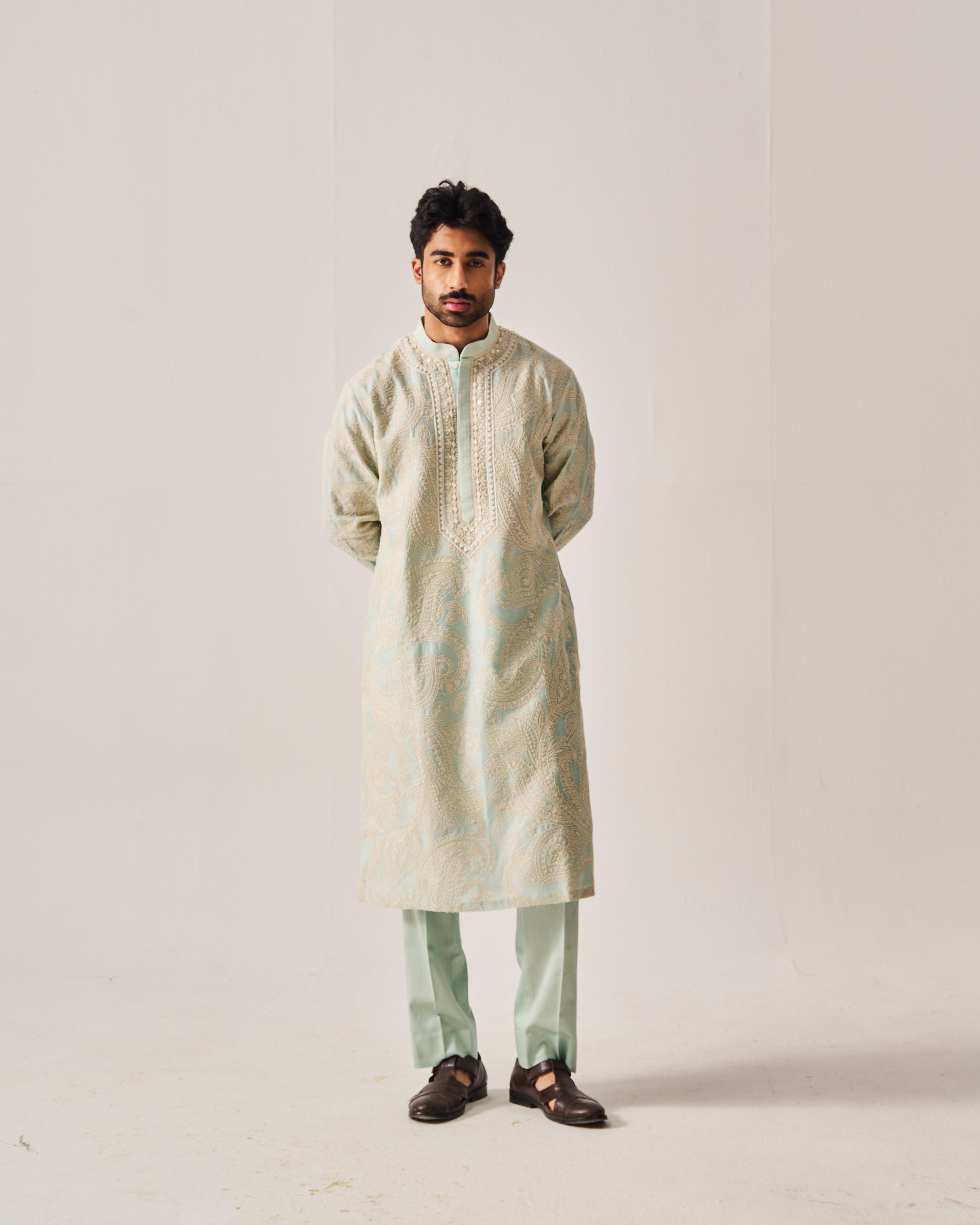 Kurta With Pants / Chanderi / Light Aqua / Paisley Bageecha / Dori/Hand Embroidery