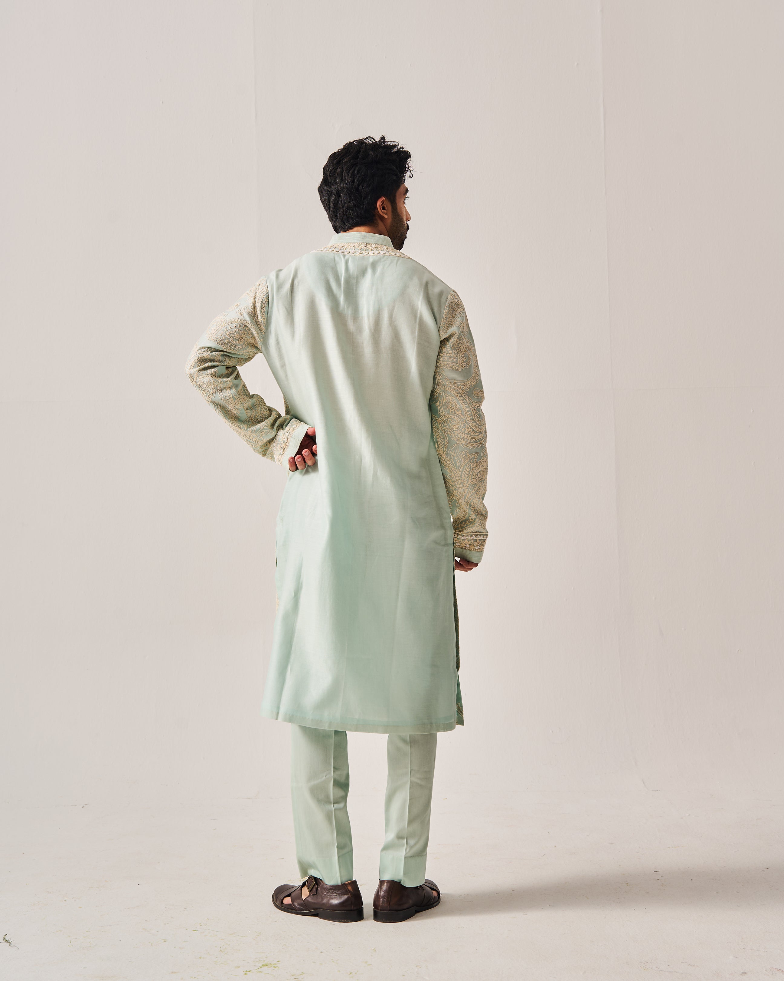 Kurta With Pants / Chanderi / Light Aqua / Paisley Bageecha / Dori/Hand Embroidery
