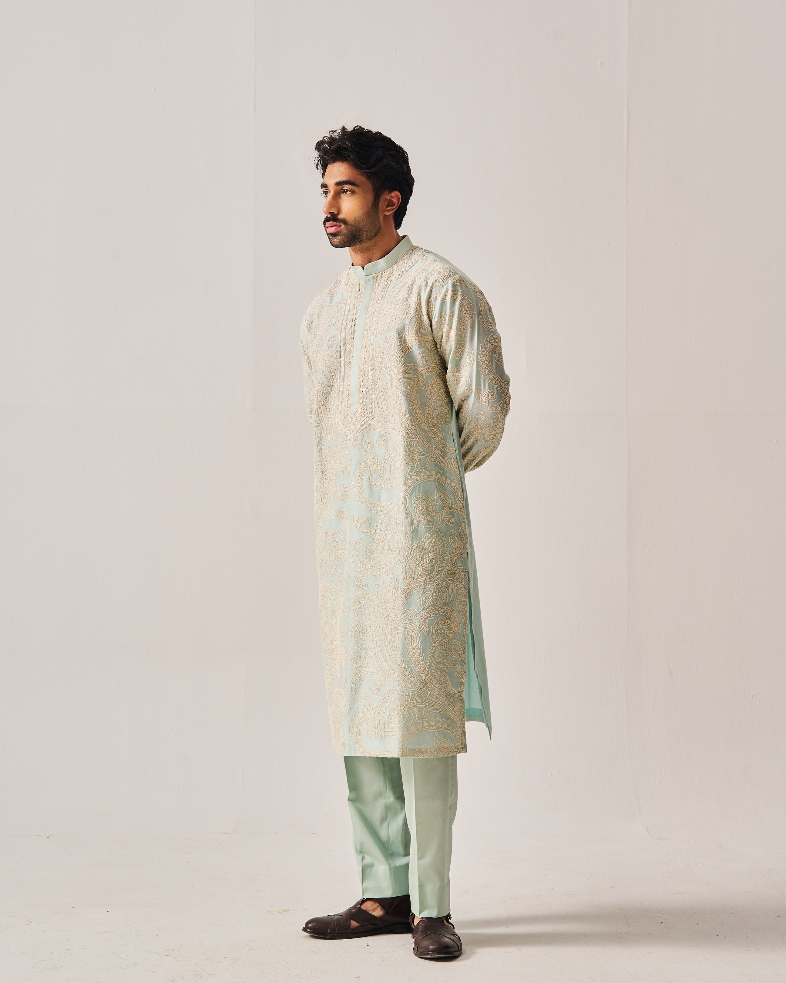 Kurta With Pants / Chanderi / Light Aqua / Paisley Bageecha / Dori/Hand Embroidery