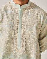 Kurta With Pants / Chanderi / Light Aqua / Paisley Bageecha / Dori/Hand Embroidery