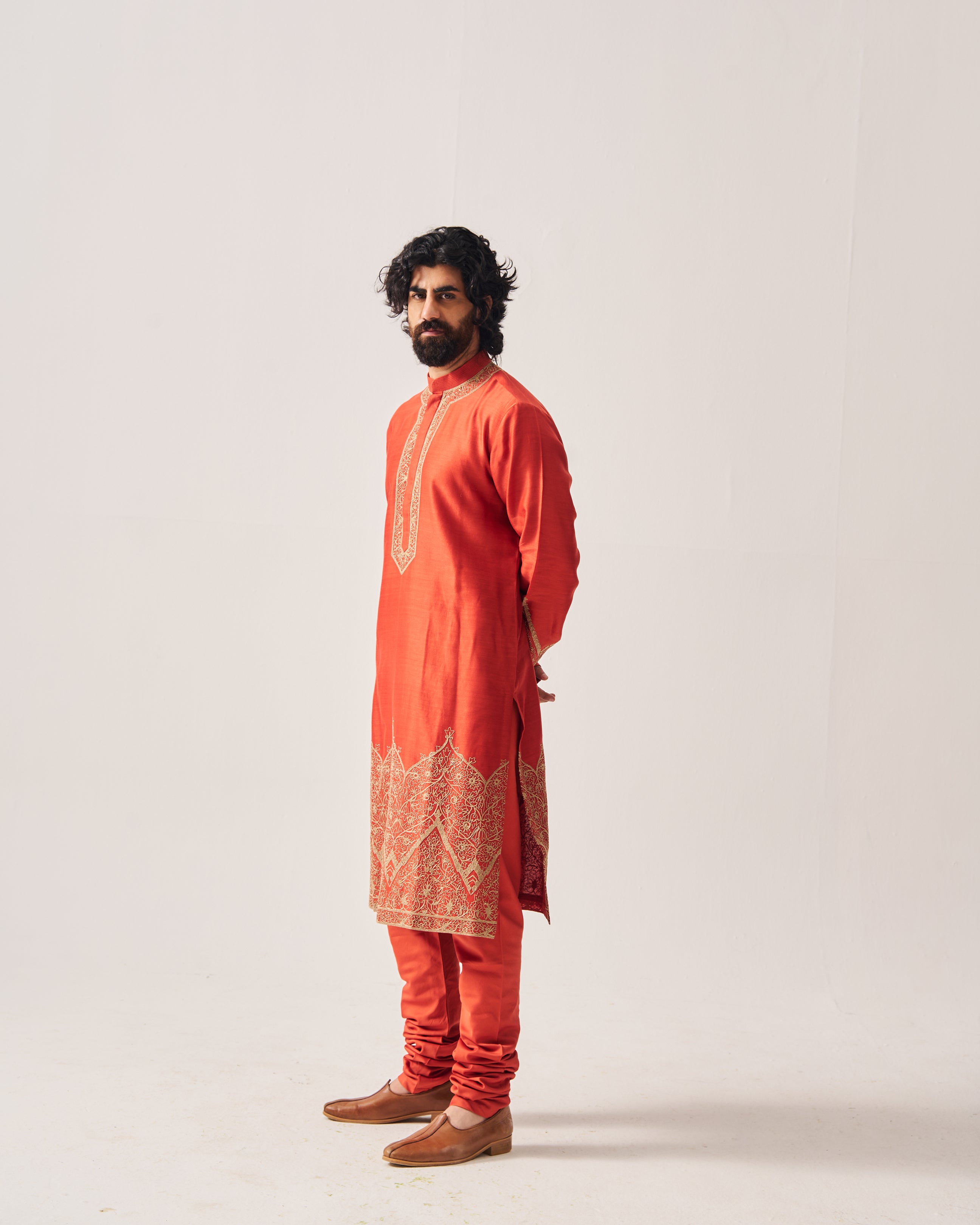 Kurta With Churidar Pants / Chanderi / Rust / Floral Dome / Dori Embroidery