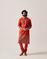Kurta With Churidar Pants / Chanderi / Rust / Floral Dome / Dori Embroidery