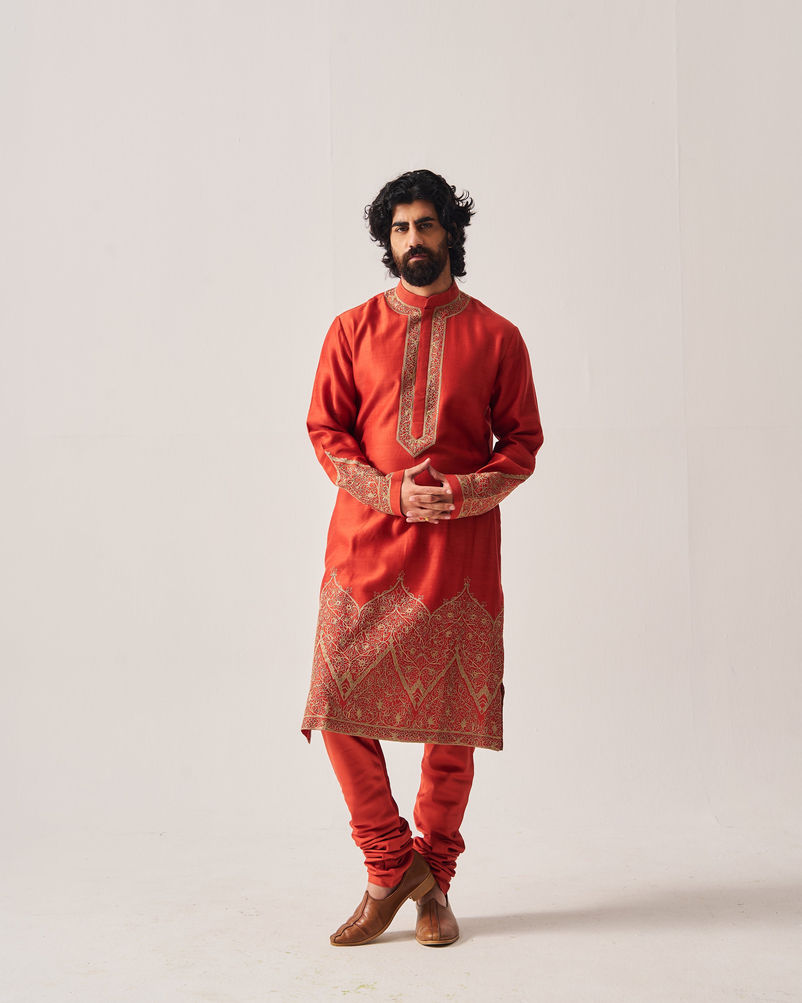 Kurta With Churidar Pants / Chanderi / Rust / Floral Dome / Dori Embroidery