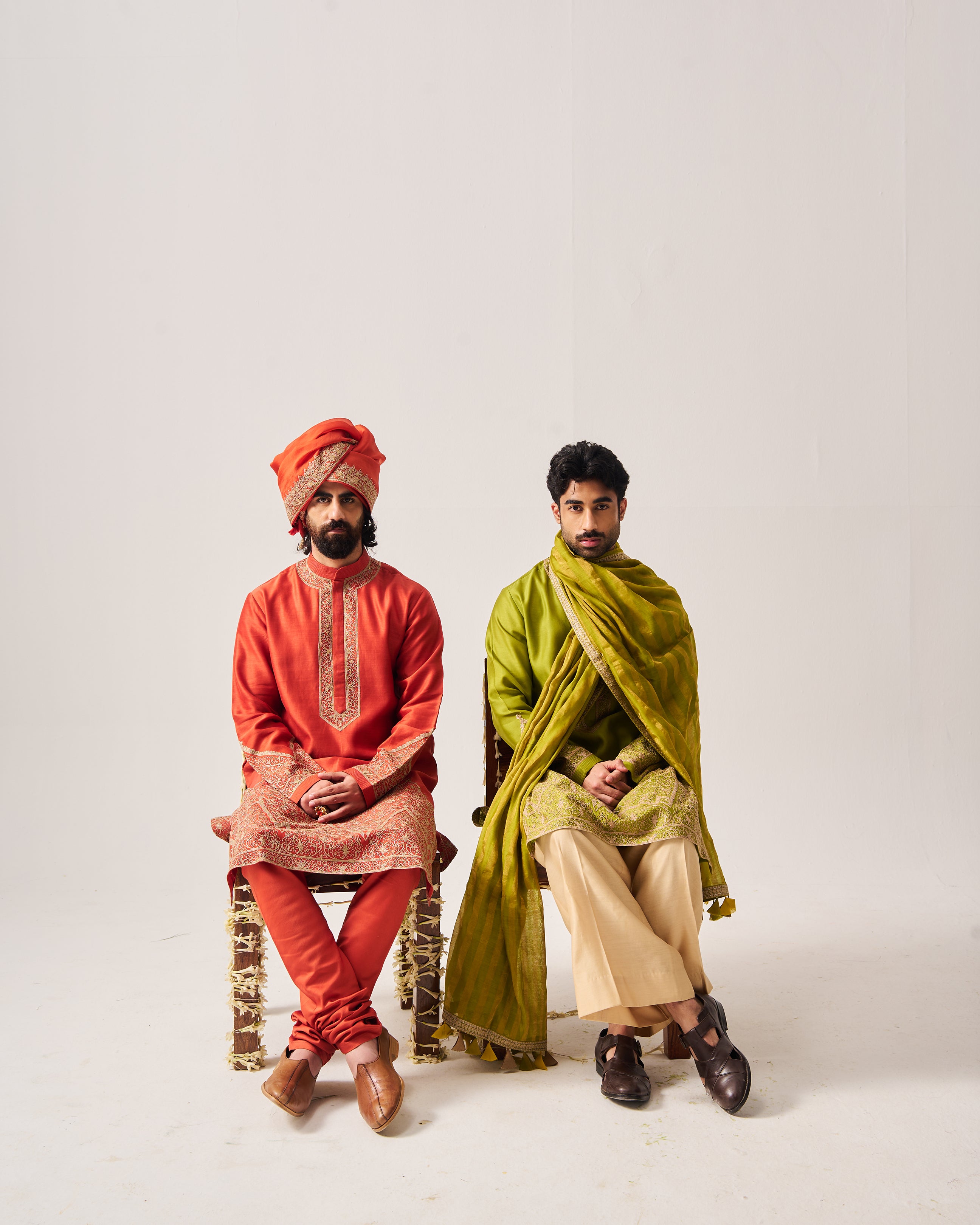 Kurta With Flare Pants / Chanderi / Leaf Green / Floral Dome / Dori Embroidery