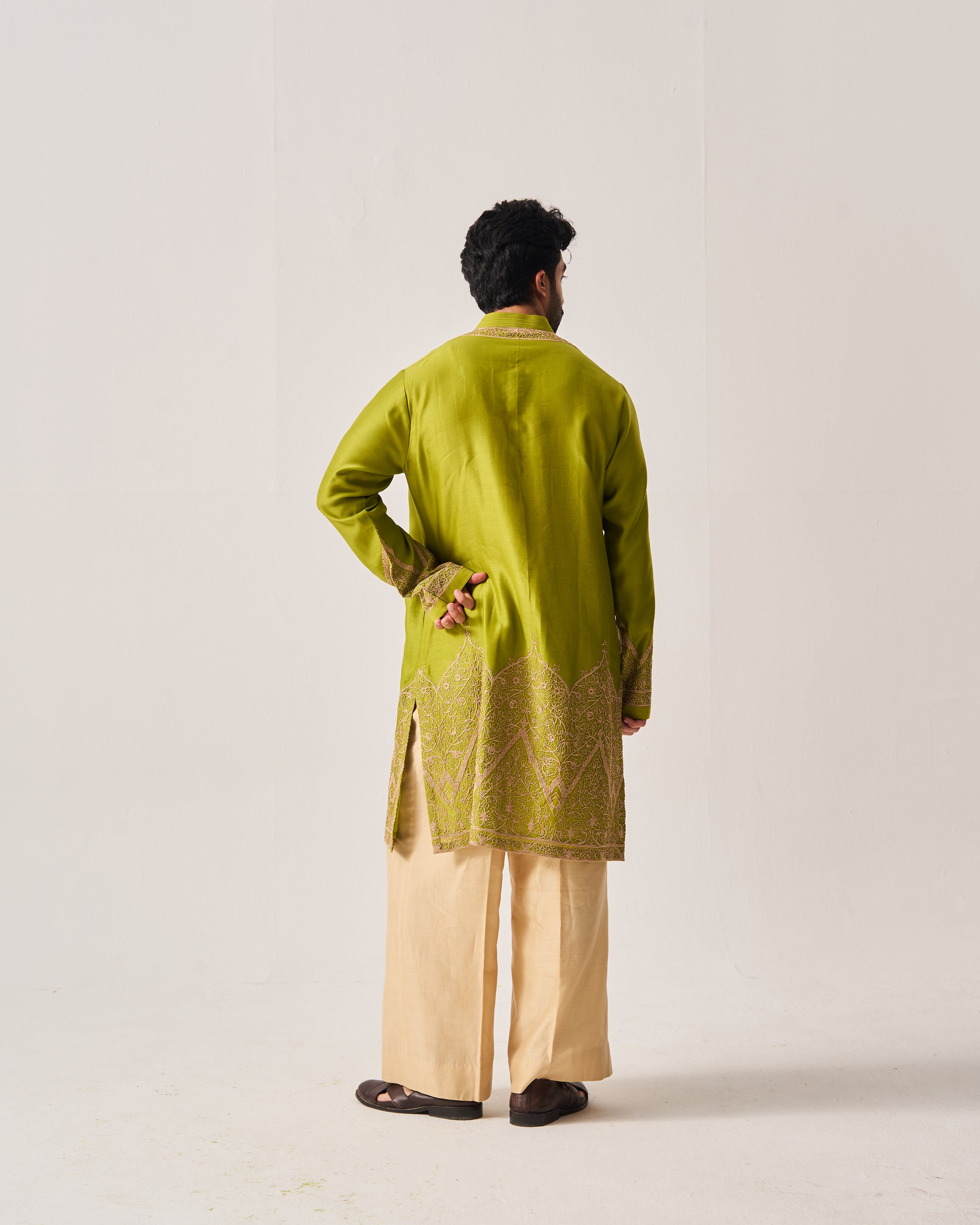 Kurta With Flare Pants / Chanderi / Leaf Green / Floral Dome / Dori Embroidery