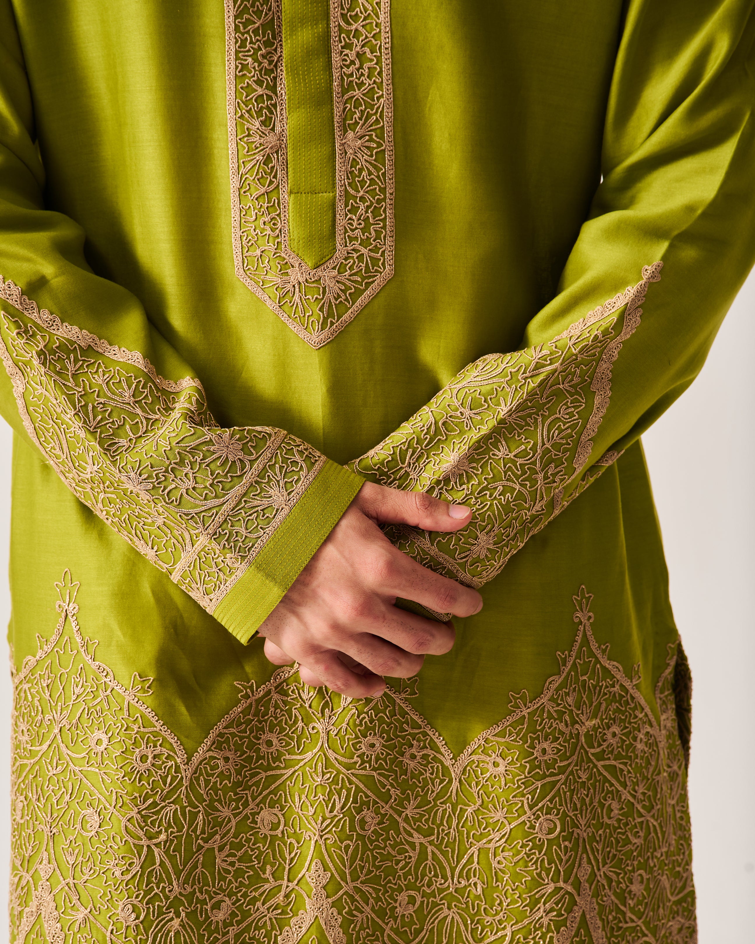 Kurta With Flare Pants / Chanderi / Leaf Green / Floral Dome / Dori Embroidery