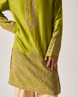 Kurta With Flare Pants / Chanderi / Leaf Green / Floral Dome / Dori Embroidery