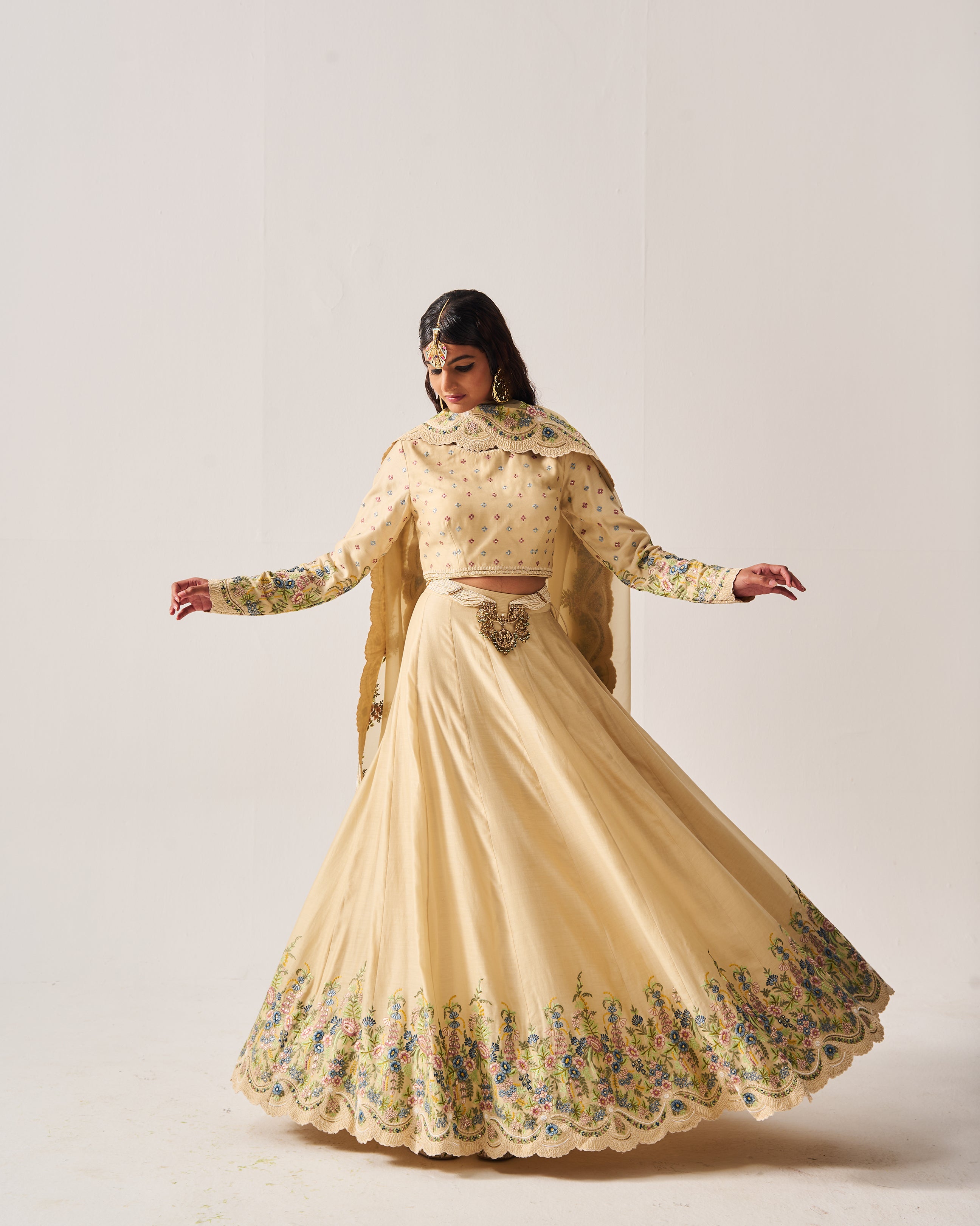 Lehenga with Blouse and Dupatta / Chanderi / Light Beige / Floral Abundance / Resham/Hand Embroidery