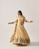 Lehenga with Blouse and Dupatta / Chanderi / Light Beige / Floral Abundance / Resham/Hand Embroidery